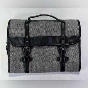 Classic Pottery Barn Black Grey HerringboneTweed Leather Toiletry Bag - EUC!